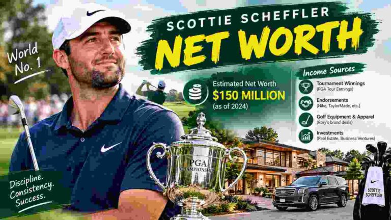 Scottie Scheffler net worth 2026 image showing golfer on course with financial leaderboard and wealth chart
