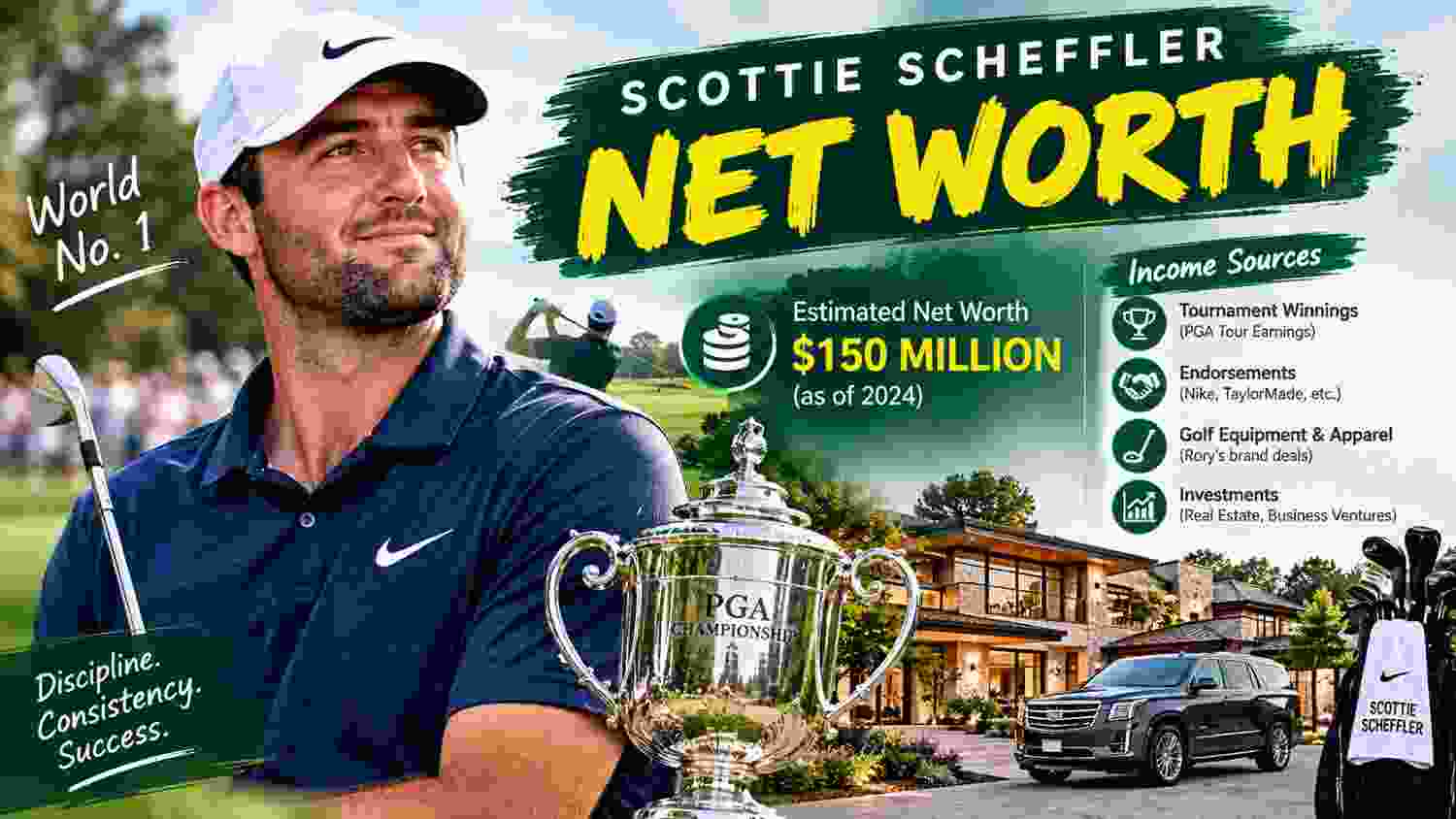 Scottie Scheffler net worth 2026 image showing golfer on course with financial leaderboard and wealth chart