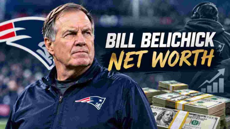 Bill Belichick Net Worth feature image showing the football coach, New England Patriots logo, and money.