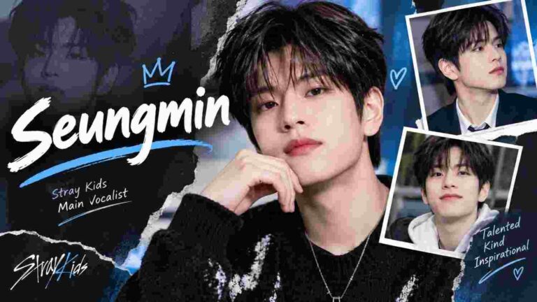 Seungmin of Stray Kids in a stylish blue and black portrait collage