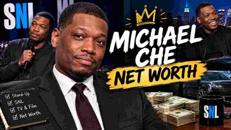 Michael Che net worth 2026 — SNL Weekend Update comedian at news desk with financial charts