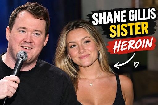 Shane Gillis performing stand-up comedy next to a picture of a blonde woman with text reading Shane Gillis Sister Heroin