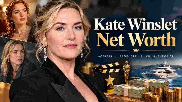 Kate Winslet Net Worth featuring actress portrait, film career, and wealth theme