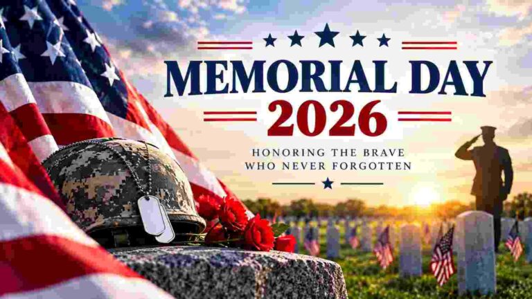 Memorial Day 2026 with American flag, military helmet, dog tags, and red flowers