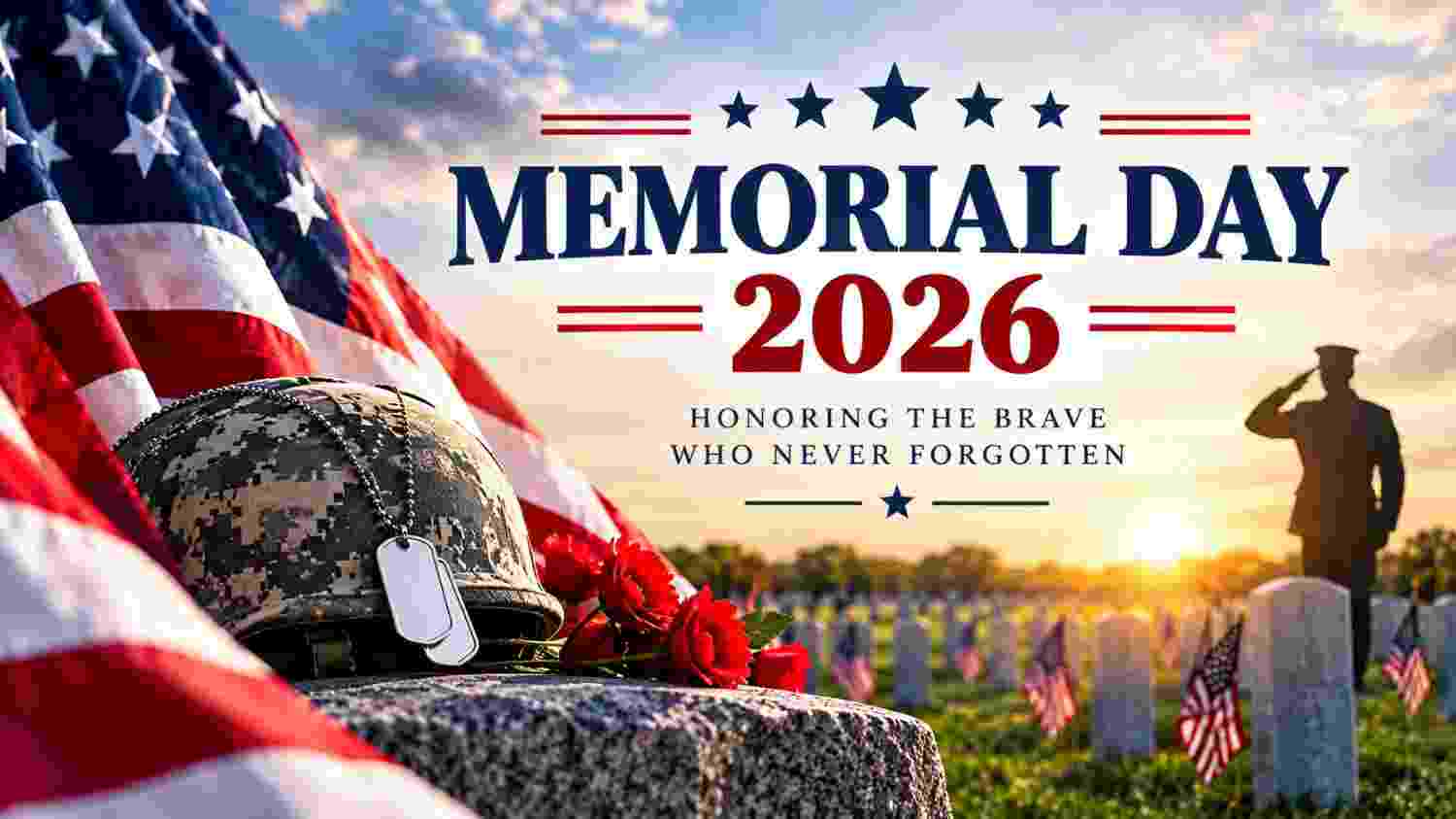 Memorial Day 2026 with American flag, military helmet, dog tags, and red flowers