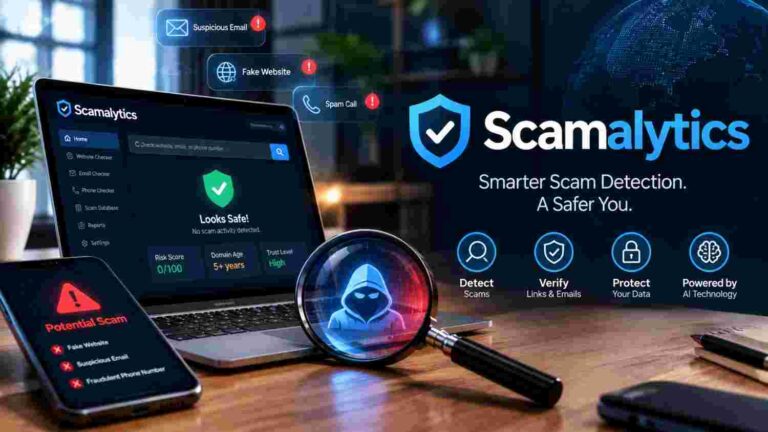 Scamalytics scam detection dashboard for checking websites emails and phone numbers