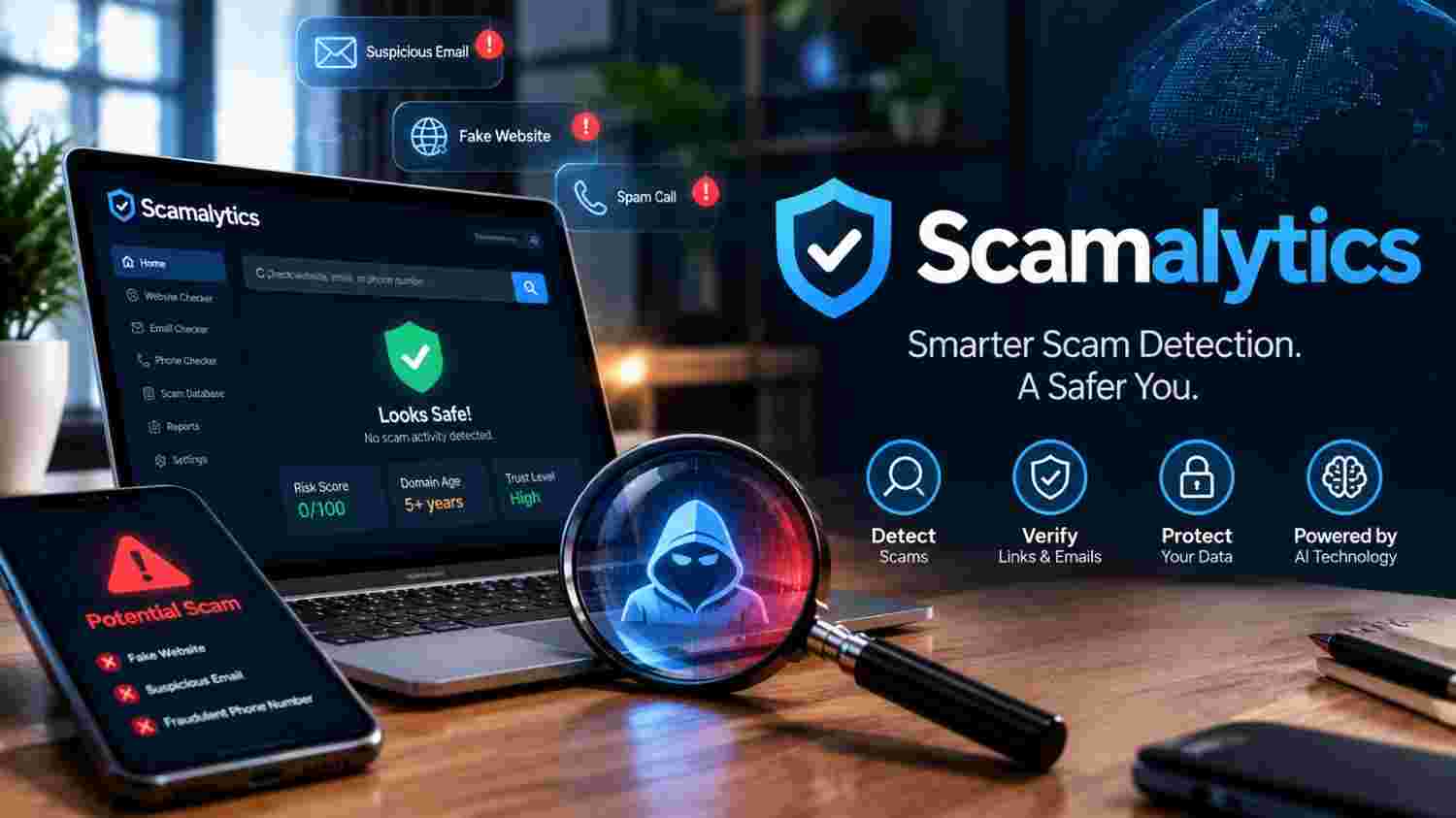 Scamalytics scam detection dashboard for checking websites emails and phone numbers